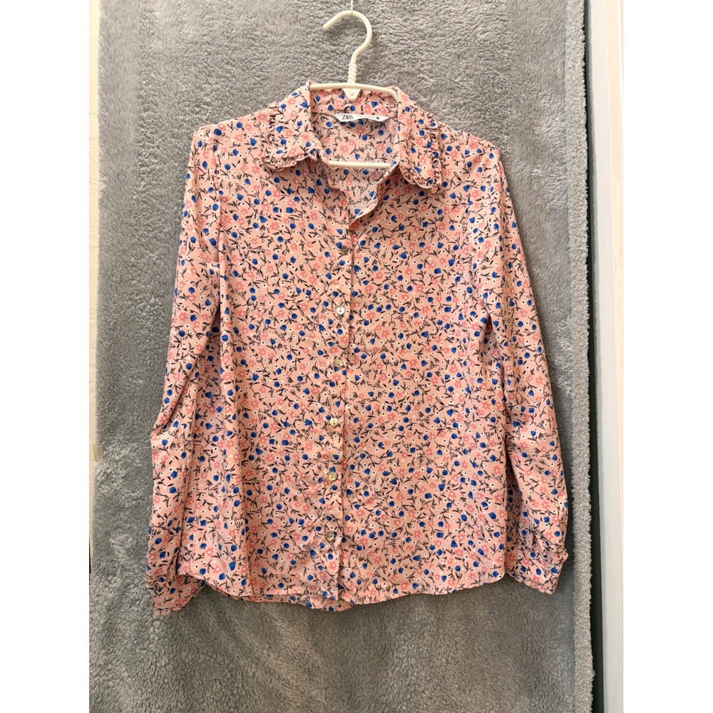 Zara Womens Pink Floral Ruffle Collar Button Down Blouse Long Sleeve Size Medium